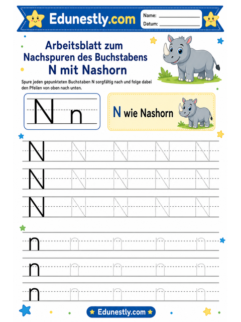 Arbeitsblatt zum Nachspuren des Buchstabens N mit Nashorn