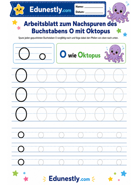 Arbeitsblatt zum Nachspuren des Buchstabens O mit Oktopus
