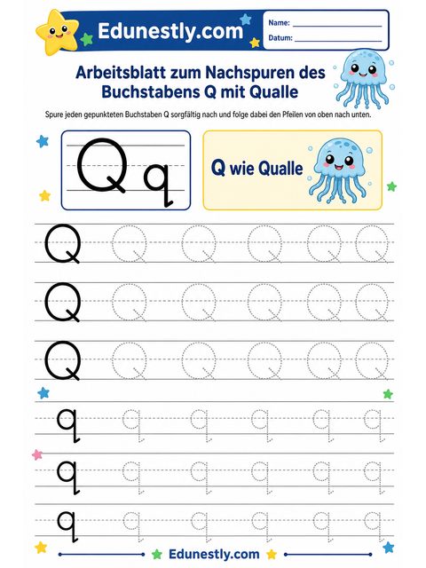 Arbeitsblatt zum Nachspuren des Buchstabens Q mit Qualle