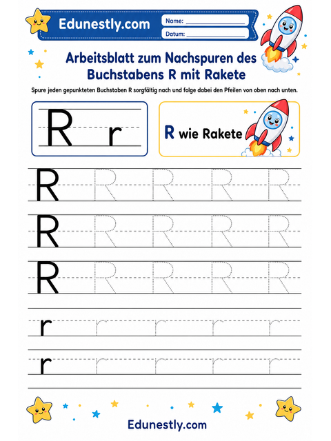 Arbeitsblatt zum Nachspuren des Buchstabens R mit Rakete