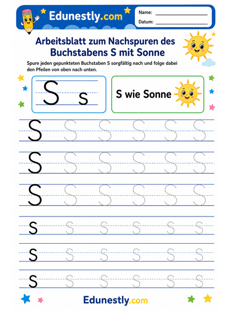 Arbeitsblatt zum Nachspuren des Buchstabens S mit Sonne