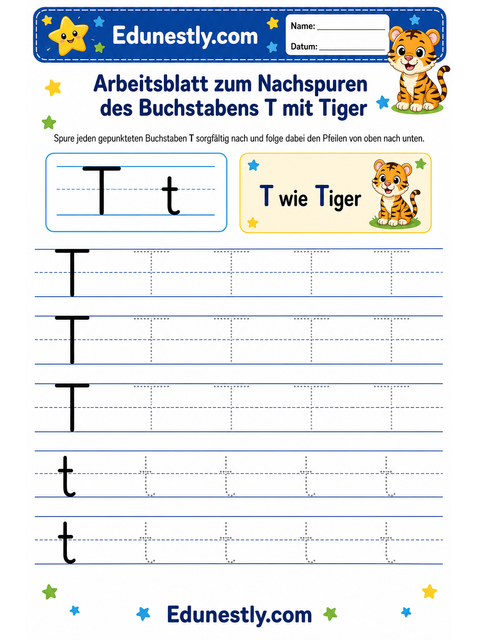 Arbeitsblatt zum Nachspuren des Buchstabens T mit Tiger
