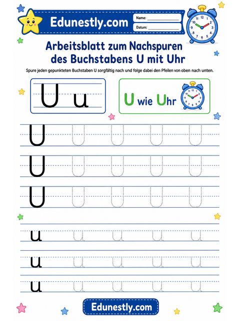 Arbeitsblatt zum Nachspuren des Buchstabens U mit Uhr