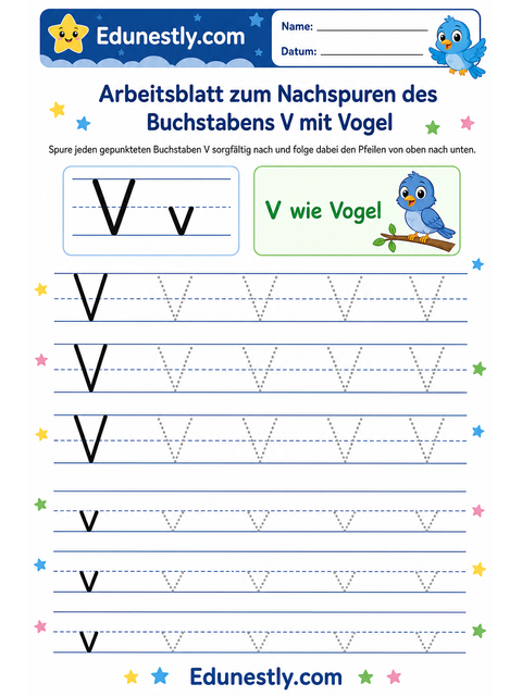 Arbeitsblatt zum Nachspuren des Buchstabens V mit Vogel