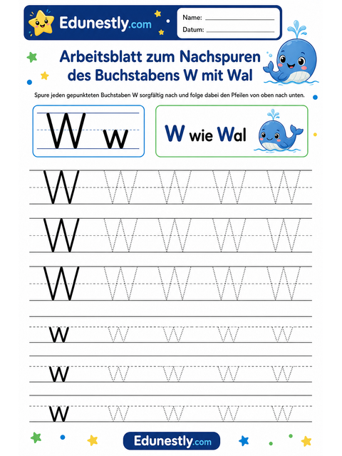 Arbeitsblatt zum Nachspuren des Buchstabens W mit Wal