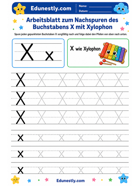Arbeitsblatt zum Nachspuren des Buchstabens X mit Xylophon
