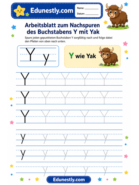 Arbeitsblatt zum Nachspuren des Buchstabens Y mit Yak