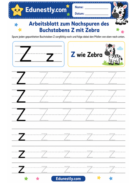 Arbeitsblatt zum Nachspuren des Buchstabens Z mit Zebra