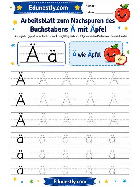 Arbeitsblatt zum Nachspuren des Buchstabens Ä mit Äpfel