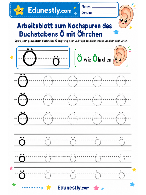 Arbeitsblatt zum Nachspuren des Buchstabens Ö mit Öhrchen