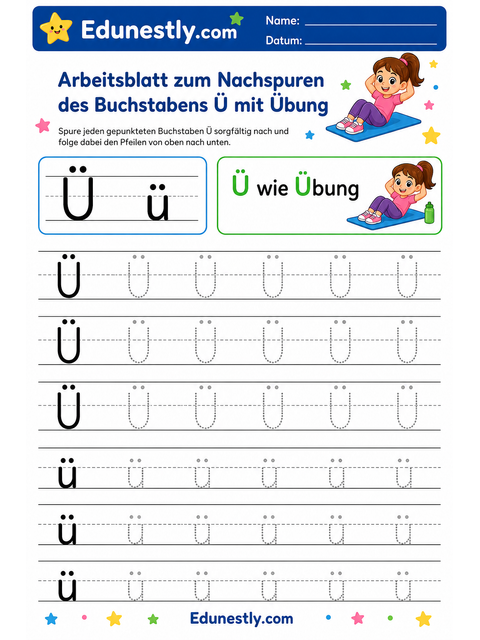 Arbeitsblatt zum Nachspuren des Buchstabens Ü mit Übung