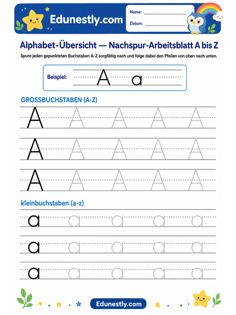 Alphabet-Übersicht — Nachspur-Arbeitsblatt A bis Z