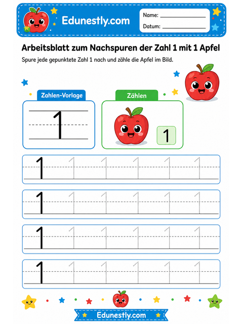 Arbeitsblatt zum Nachspuren der Zahl 1 mit 1 Apfel