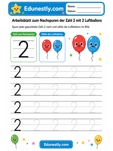 Arbeitsblatt zum Nachspuren der Zahl 2 mit 2 Luftballons