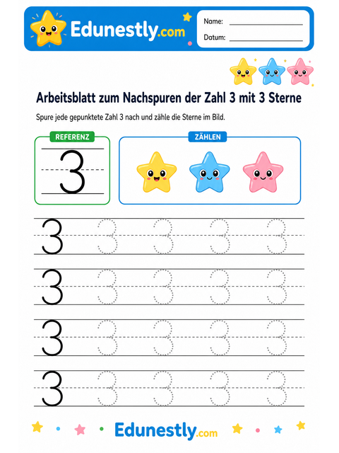 Arbeitsblatt zum Nachspuren der Zahl 3 mit 3 Sterne