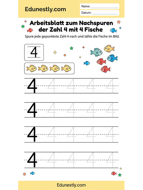 Arbeitsblatt zum Nachspuren der Zahl 4 mit 4 Fische