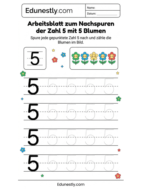 Arbeitsblatt zum Nachspuren der Zahl 5 mit 5 Blumen