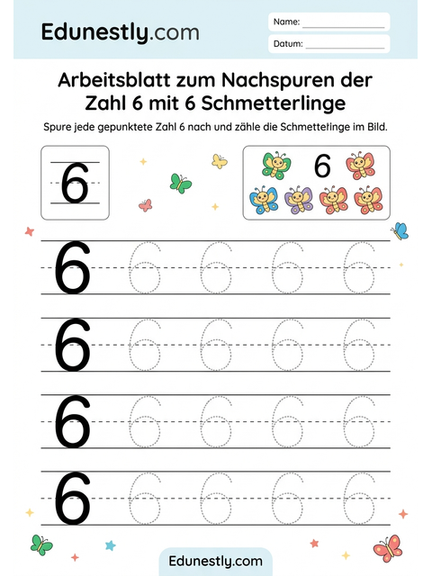 Arbeitsblatt zum Nachspuren der Zahl 6 mit 6 Schmetterlinge