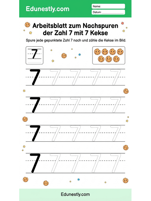 Arbeitsblatt zum Nachspuren der Zahl 7 mit 7 Kekse