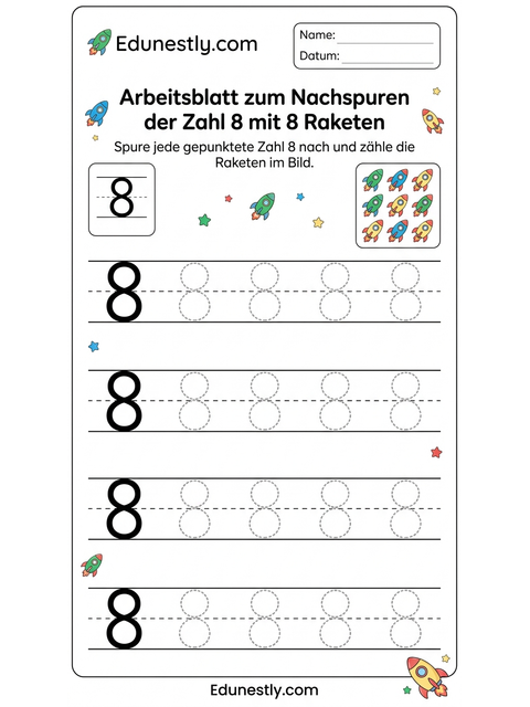 Arbeitsblatt zum Nachspuren der Zahl 8 mit 8 Raketen