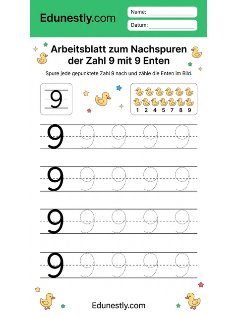 Arbeitsblatt zum Nachspuren der Zahl 9 mit 9 Enten