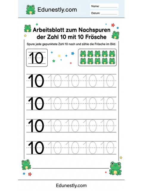 Arbeitsblatt zum Nachspuren der Zahl 10 mit 10 Frösche
