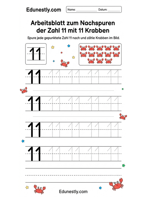 Arbeitsblatt zum Nachspuren der Zahl 11 mit 11 Krabben