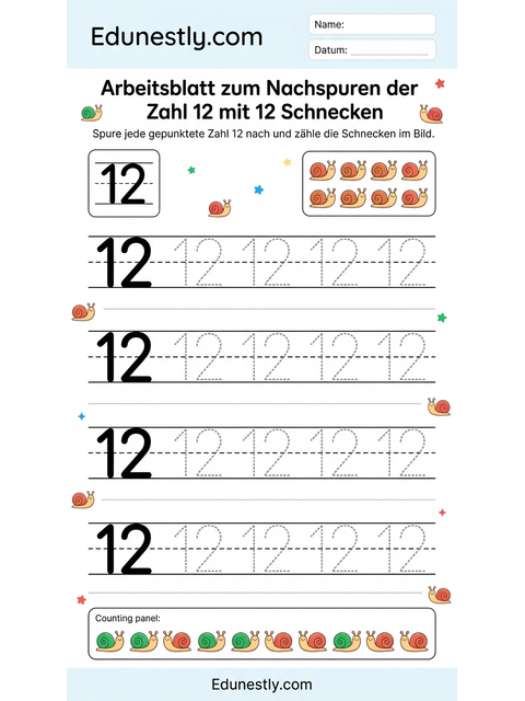 Arbeitsblatt zum Nachspuren der Zahl 12 mit 12 Schnecken