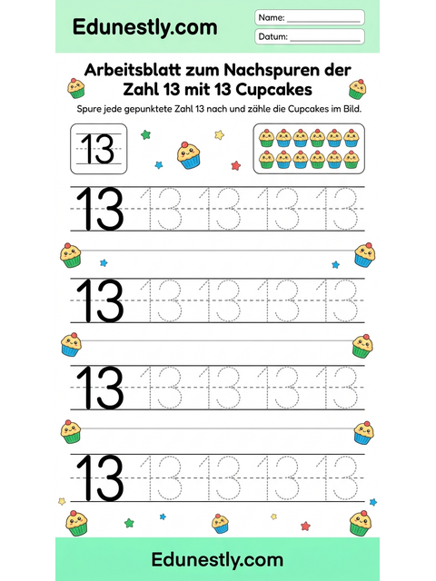 Arbeitsblatt zum Nachspuren der Zahl 13 mit 13 Cupcakes