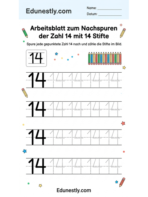 Arbeitsblatt zum Nachspuren der Zahl 14 mit 14 Stifte