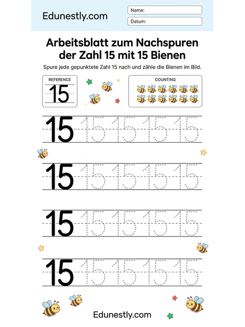 Arbeitsblatt zum Nachspuren der Zahl 15 mit 15 Bienen
