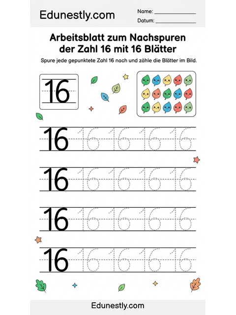 Arbeitsblatt zum Nachspuren der Zahl 16 mit 16 Blätter