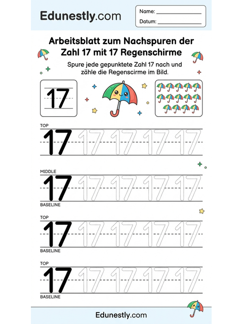 Arbeitsblatt zum Nachspuren der Zahl 17 mit 17 Regenschirme