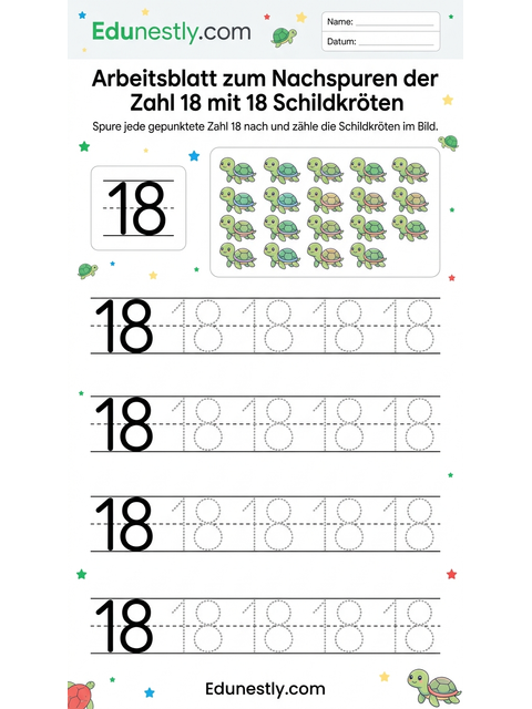 Arbeitsblatt zum Nachspuren der Zahl 18 mit 18 Schildkröten