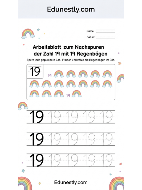 Arbeitsblatt zum Nachspuren der Zahl 19 mit 19 Regenbögen