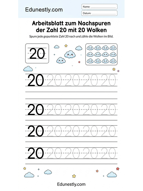 Arbeitsblatt zum Nachspuren der Zahl 20 mit 20 Wolken