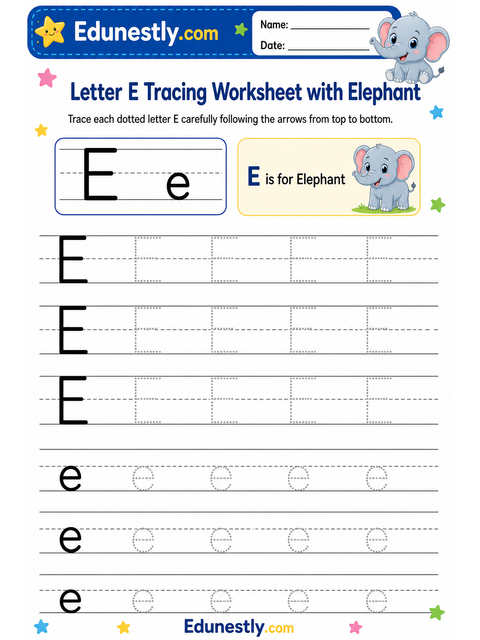 Letter E Tracing Worksheet with Elephant