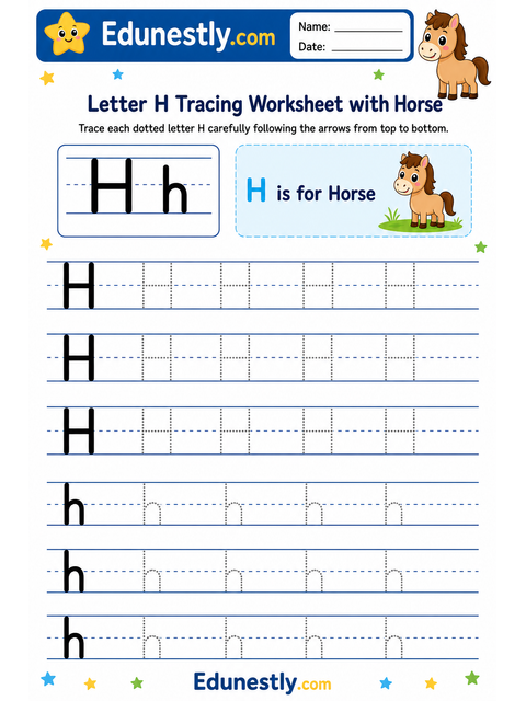 Letter H Tracing Worksheet with Horse