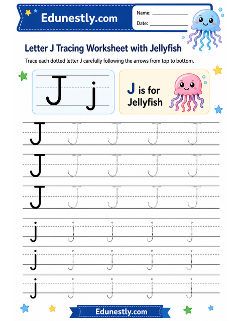 Letter J Tracing Worksheet with Jellyfish