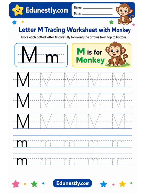 Letter M Tracing Worksheet with Monkey