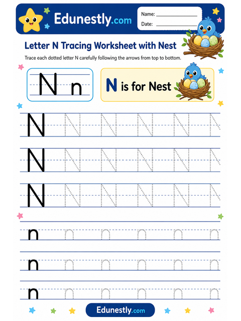 Letter N Tracing Worksheet with Nest