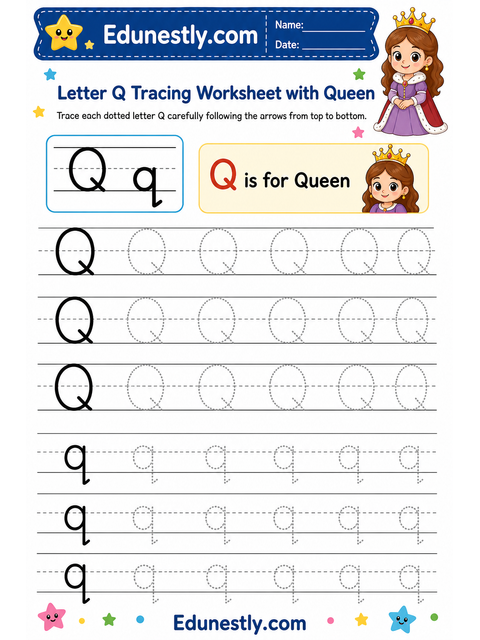 Letter Q Tracing Worksheet with Queen