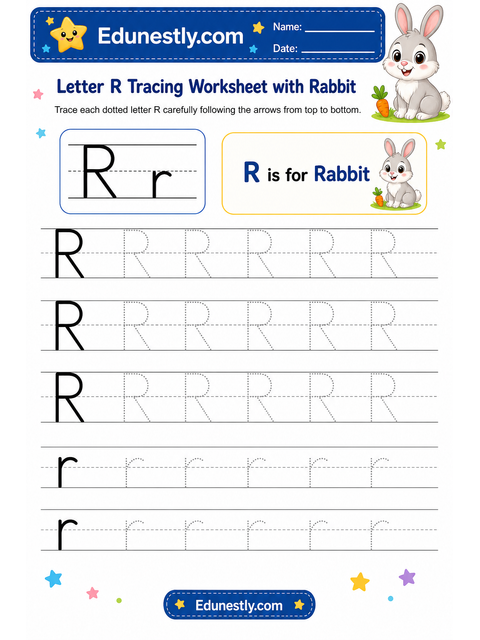 Letter R Tracing Worksheet with Rabbit