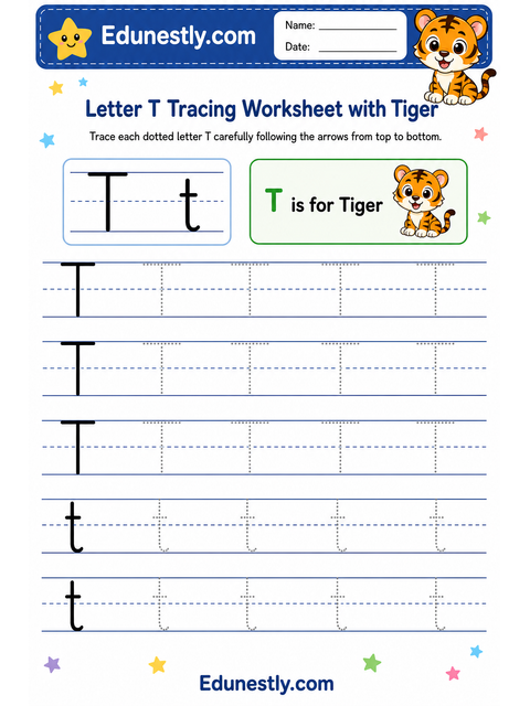 Letter T Tracing Worksheet with Tiger