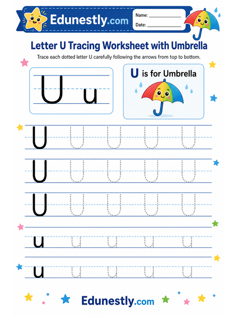 Letter U Tracing Worksheet with Umbrella