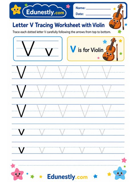 Letter V Tracing Worksheet with Violin