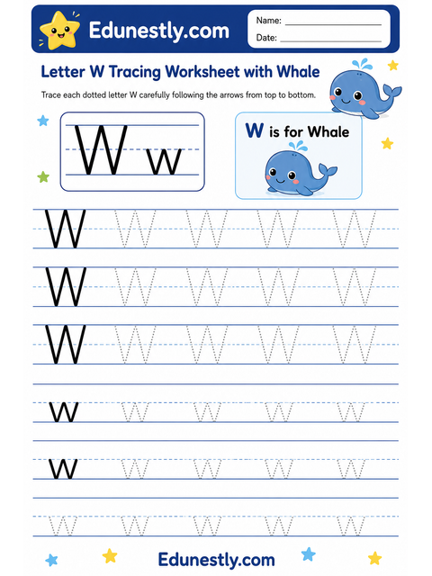 Letter W Tracing Worksheet with Whale