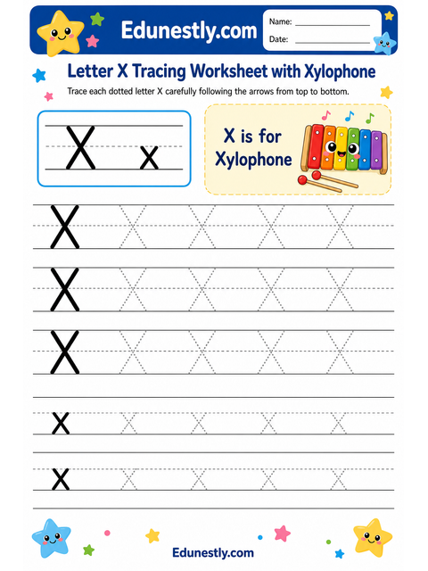 Letter X Tracing Worksheet with Xylophone
