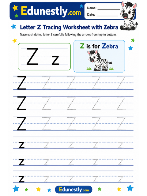 Letter Z Tracing Worksheet with Zebra