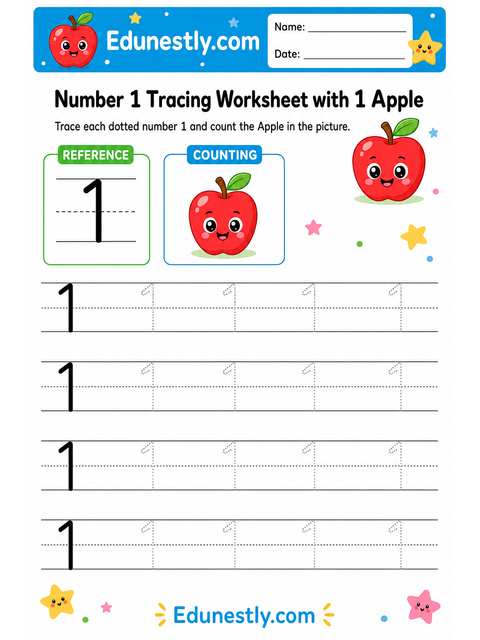 Number 1 Tracing Worksheet with 1 Apple